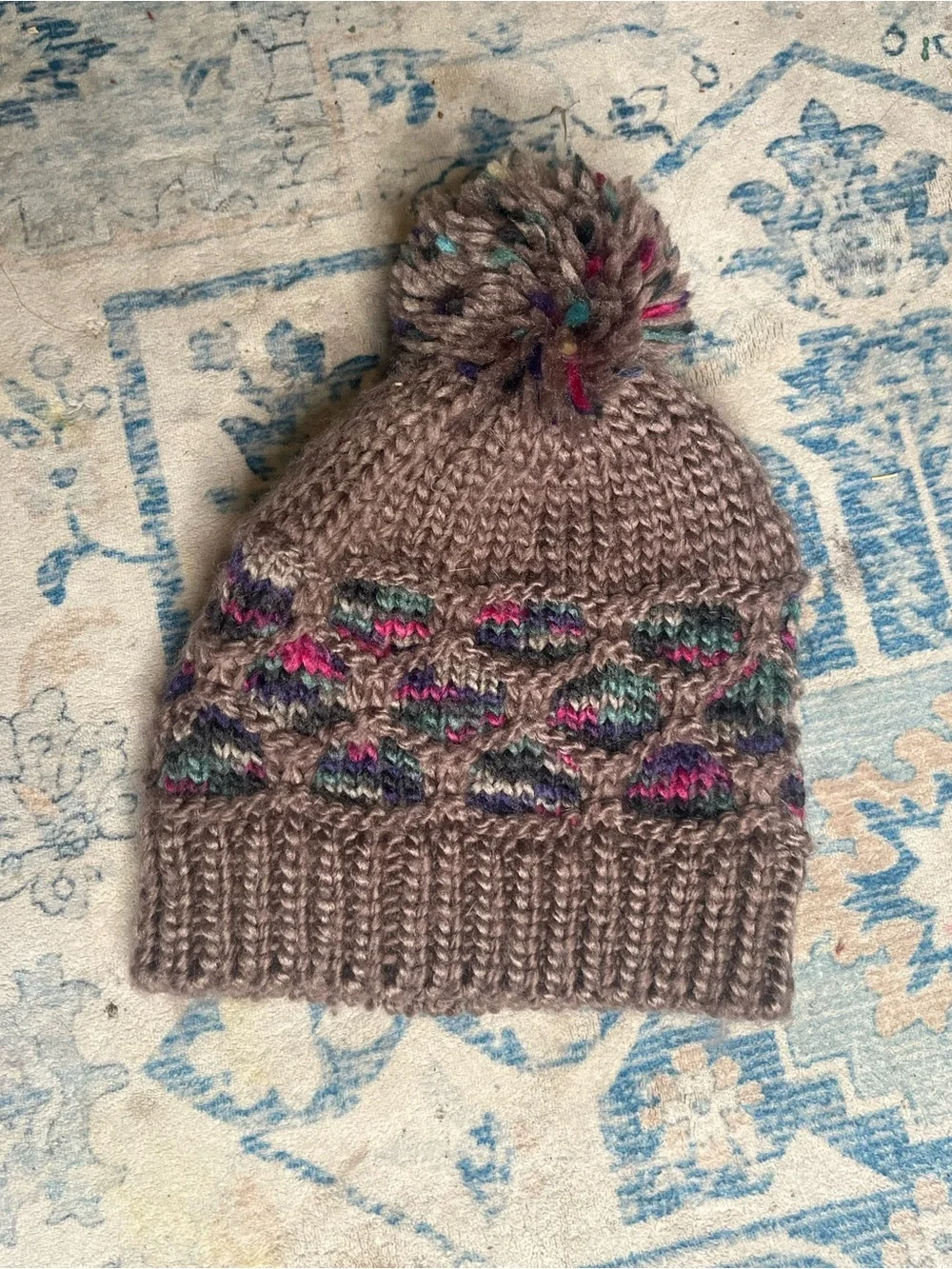 Knit Pom Beanie with Multicolor Accents